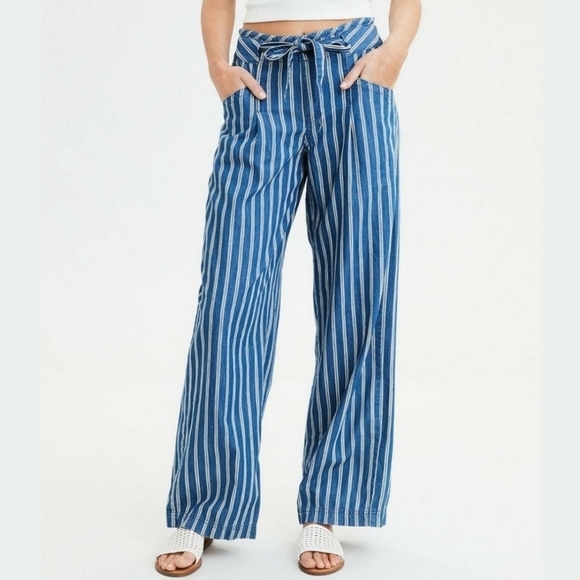 AE Blue & White Striped High Rise Tie Waist Palazzo Wide Leg Pants - Picture 1 of 12
